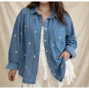 Shiny By Nature Denim Shirt XL Embroidered Daisy Heart Pocket Cottagecore
